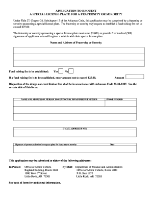 Application to Request a Special License Plate for a Fraternity or Sorority Dfa Arkansas  Form