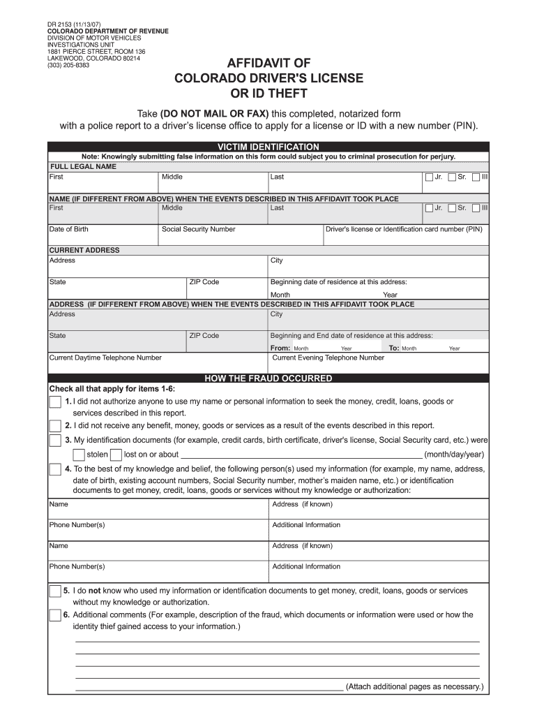  Colorado Affidavit Form 2007-2024