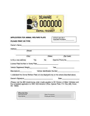 Delaware Application Animal Plate  Form