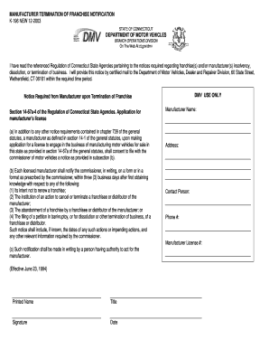 Manufacturer Termination of Franchise Notification CT Gov  Form