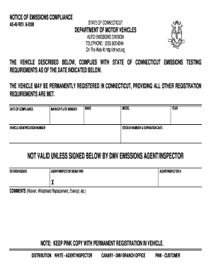 Not Valid unless Signed below by Dmv Emissions Agent CT Gov Ct  Form