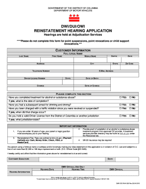 DWI Reinstatement Hearing Application Dmv the District of Dmv Dc  Form