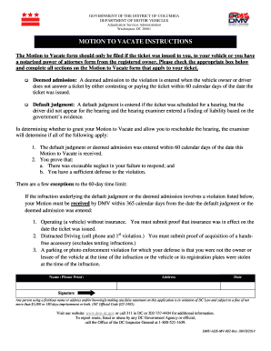  MOTION to VACATE INSTRUCTIONS Dmv the District of Columbia Dmv Dc 2014