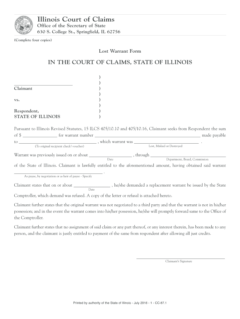  Lost Warrant Form  Illinois Secretary of State 2016-2024