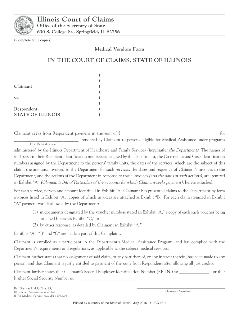  Medical Vendors Form  Illinois Secretary of State 2016