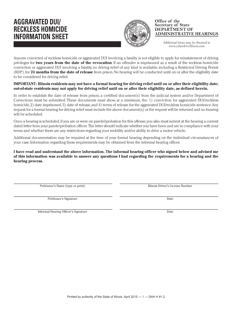 Reckless Homicide Information Sheet Illinois Secretary of State