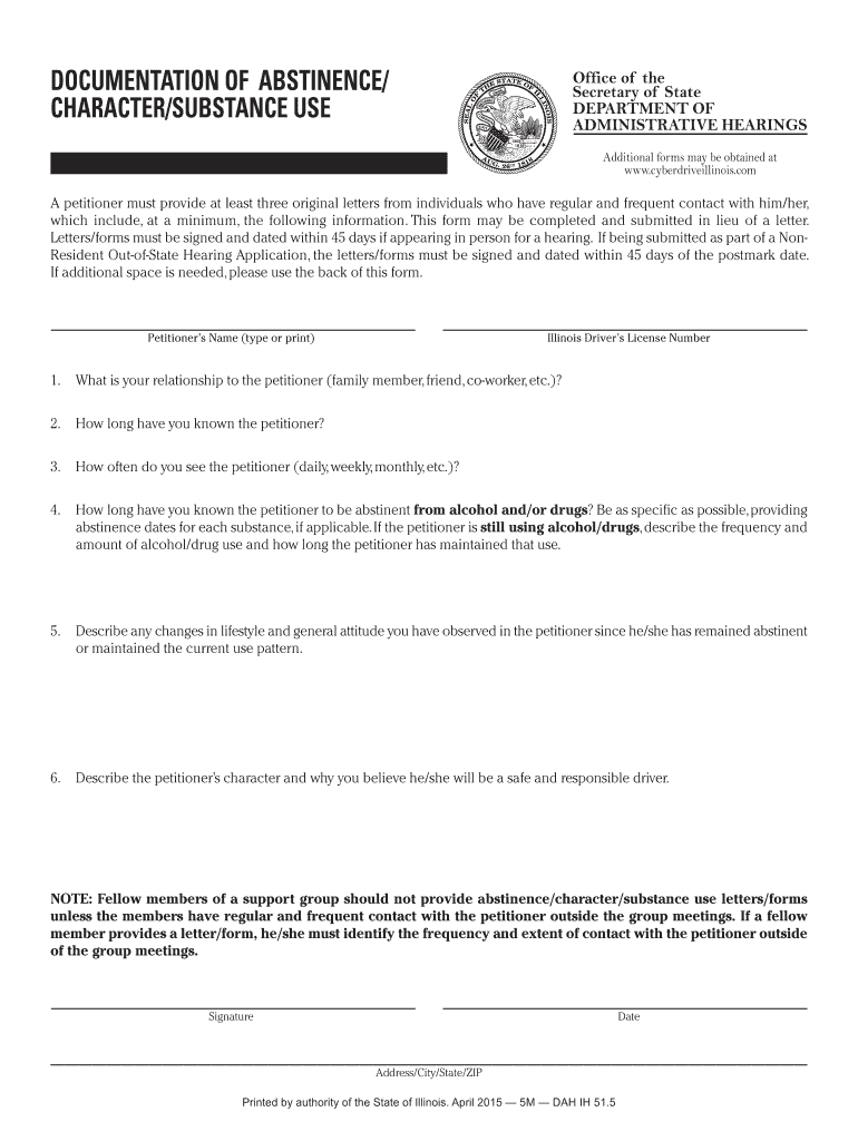 Documentation of Abstinence Character Substance Use  Form