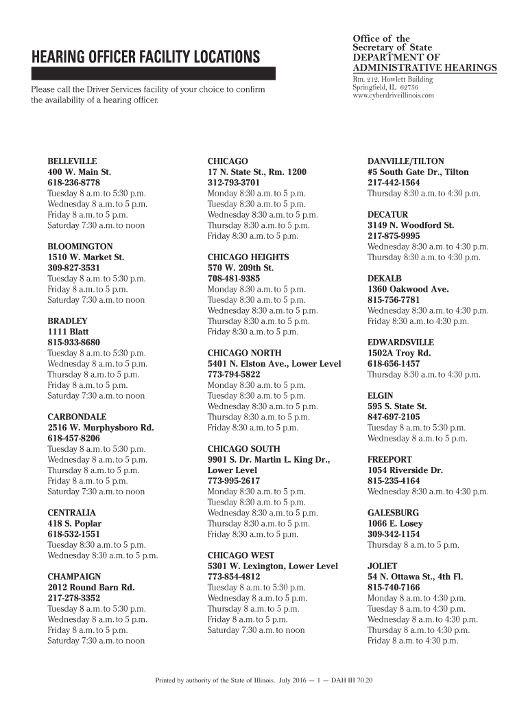  Hearing Officer Facility Locations  Illinois Secretary of State 2016