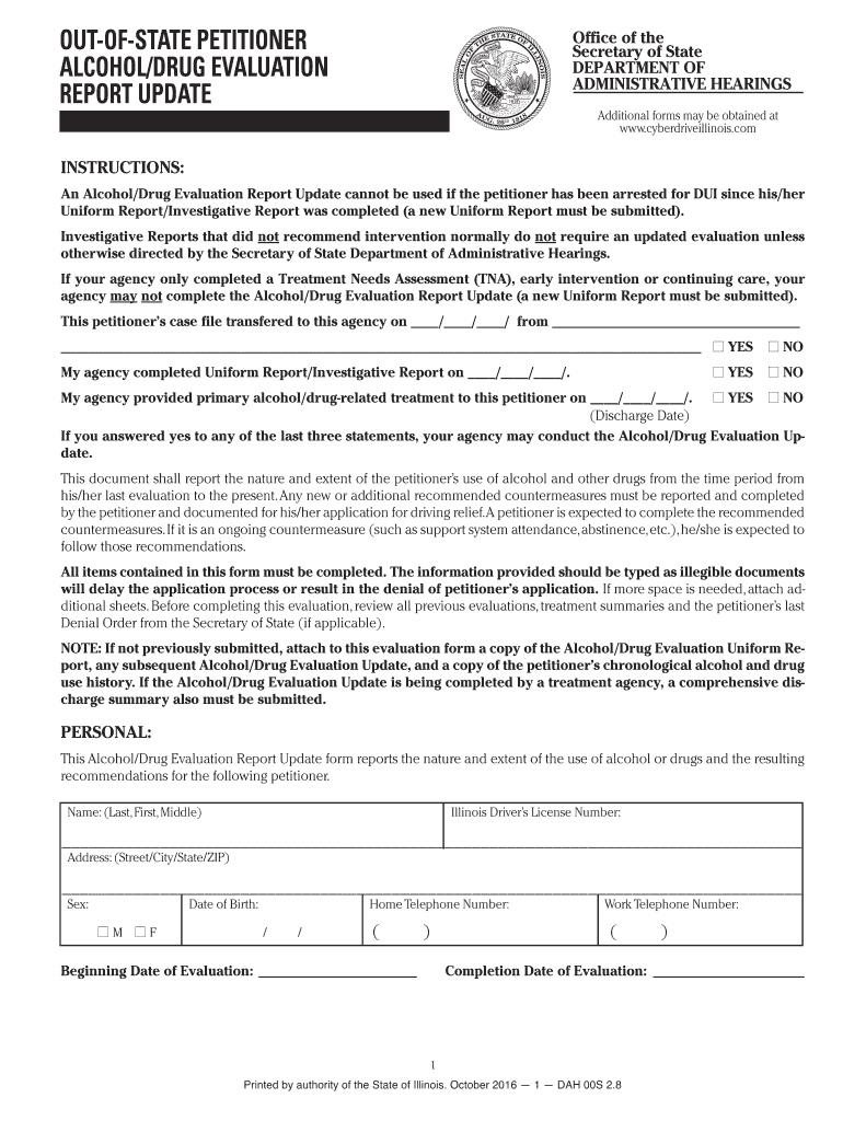 Out of State Petitioner AlcoholDrug Evaluation Report Update  Form