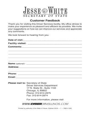 Customer Feedback Illinois Secretary of State  Form