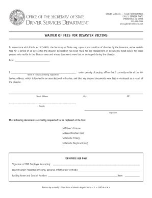 Waiver of Fees for Disaster Victims Illinois Secretary of State  Form