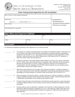  Driver Training School Application for CDL Accreditation 2012