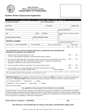 Downstate Student Worker Application Illinois Secretary of State  Form