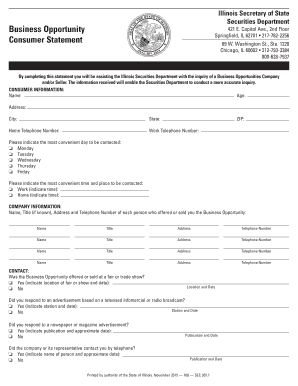 Business Opportunity Consumer Statement Illinois Secretary of State  Form