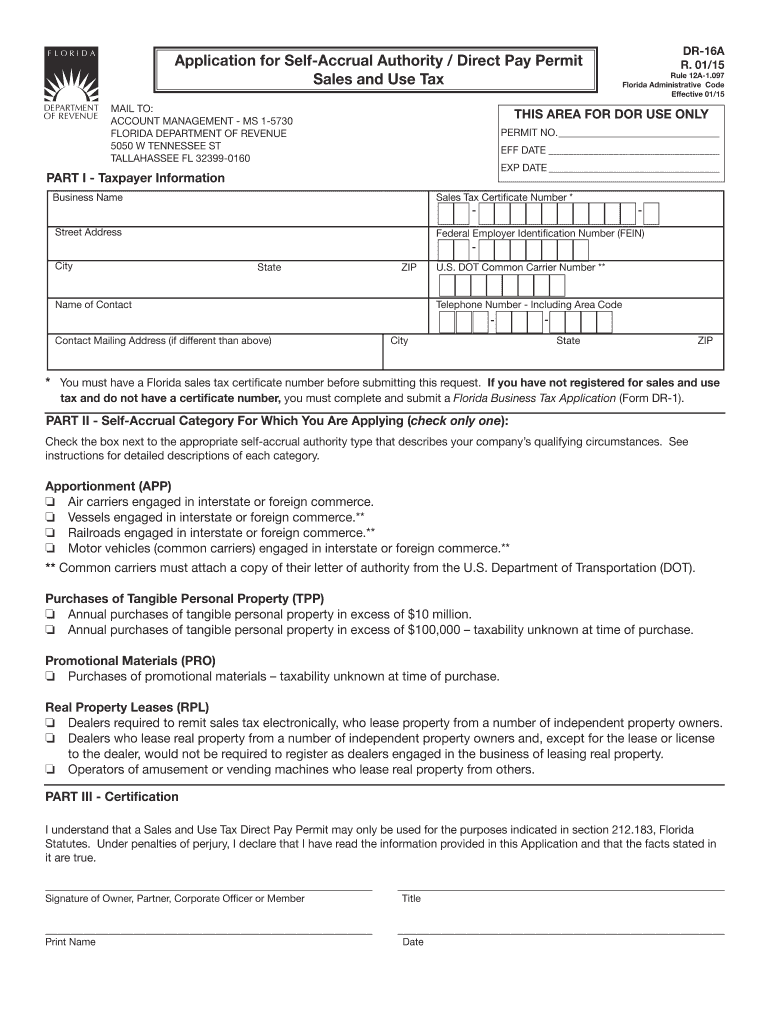 Sales and Use Tax Direct Pay Permit Florida Administrative Code  Form