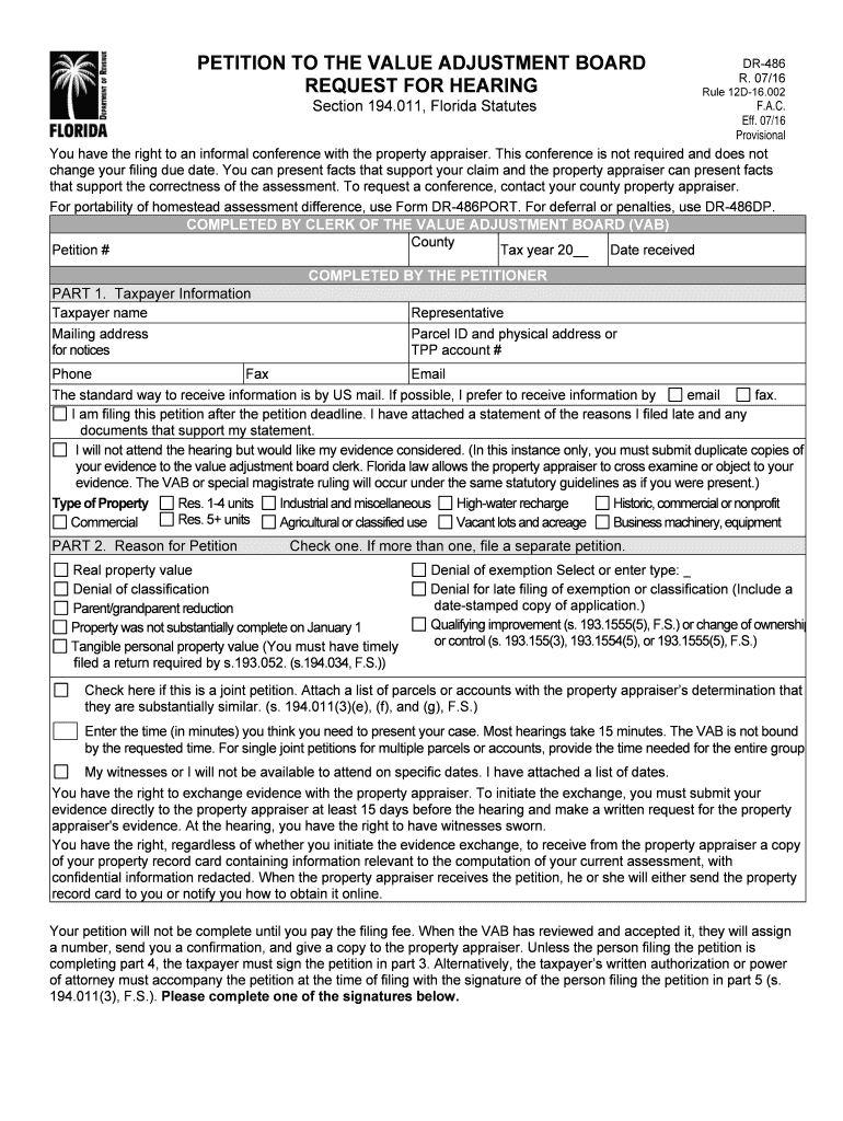  Petition to the Value Adjustment Board Request for Hearing 2018