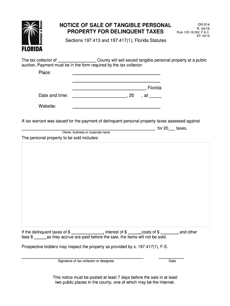  Notice of Sale of Tangible Personal Property for Delinquent Taxes 2016-2024