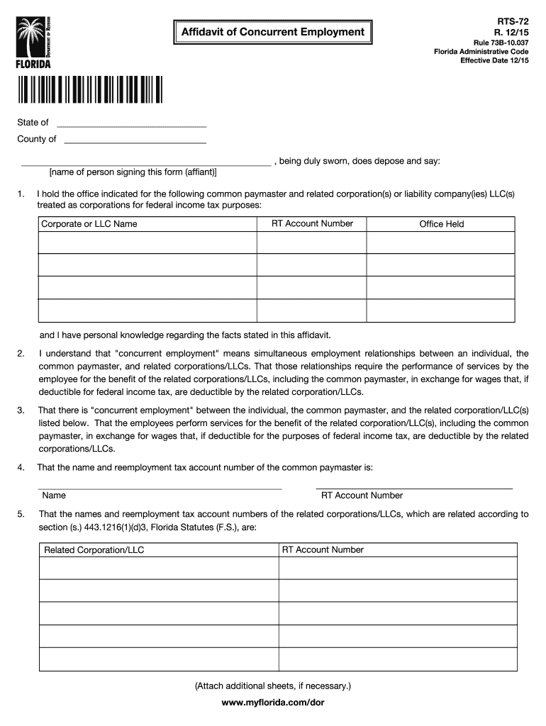 Get and Sign Affidavit of Concurrent Employment  Florida Department of Revenue 2015 Form
