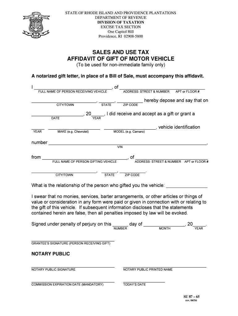Get and Sign Affidavit of Gift of Motor Vehicle Ri 2016 Form