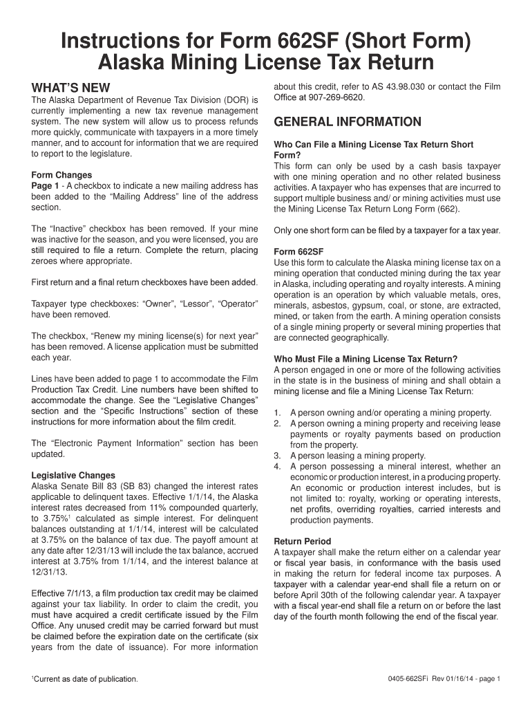  Instructions for Form 662SF Alaska Mining License Tax Return 2018