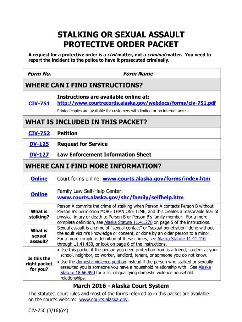 CIV 750 Stalking Protective Order Packet Alaska Court Records  Form