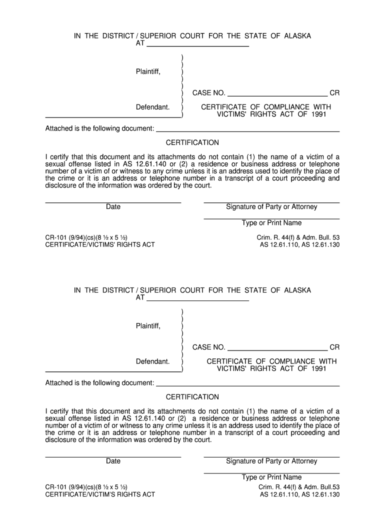 CR 101 994cs8 X 5 Crim R 44f Alaska Court Records  Form