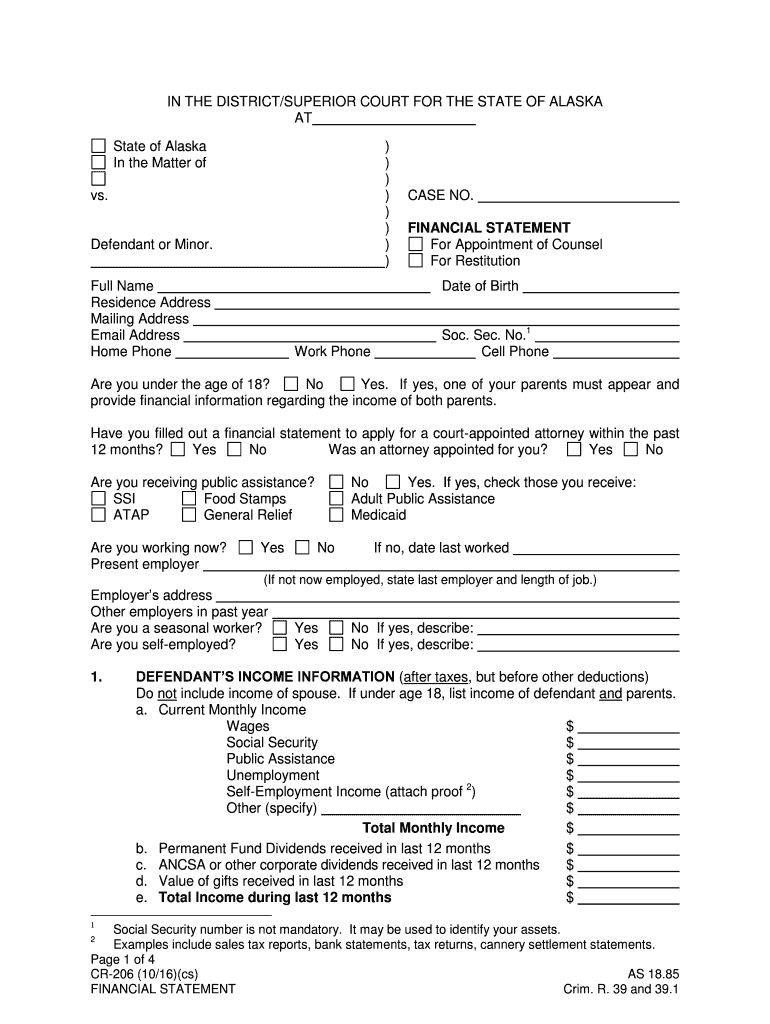 CR 206 Financial Statement 6 10 Alaska Court Records State of  Form