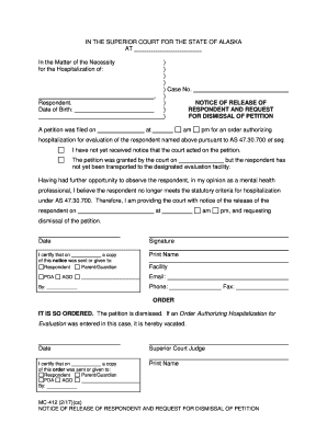  MC 412 Notice of Release of Respondent and Request for Dismissal of Petition 2016