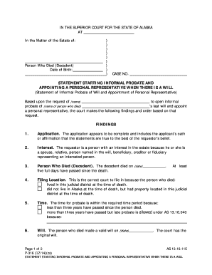  P 316 Statement Starting Informal Probate and Appointing a Personal Representative When There is a Will 12 14 2014