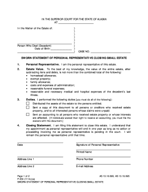 SWORN STATEMENT of PERSONAL REPRESENTATIVE CLOSING SMALL ESTATE  Form