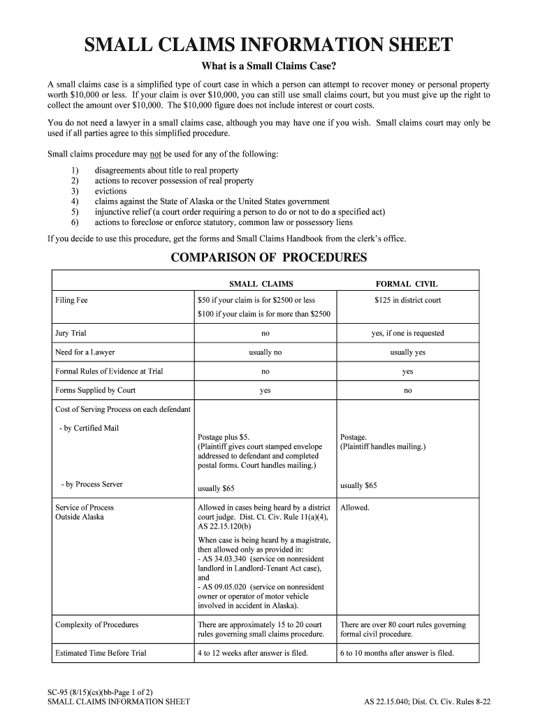 SC 95 Small Claims Information Sheet Alaska Court Records