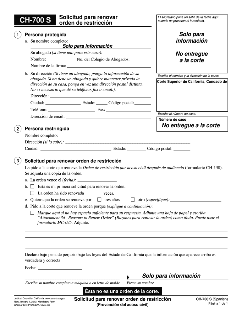 CH 700s Request to Renew Restraining Order California Courts Courts Ca  Form