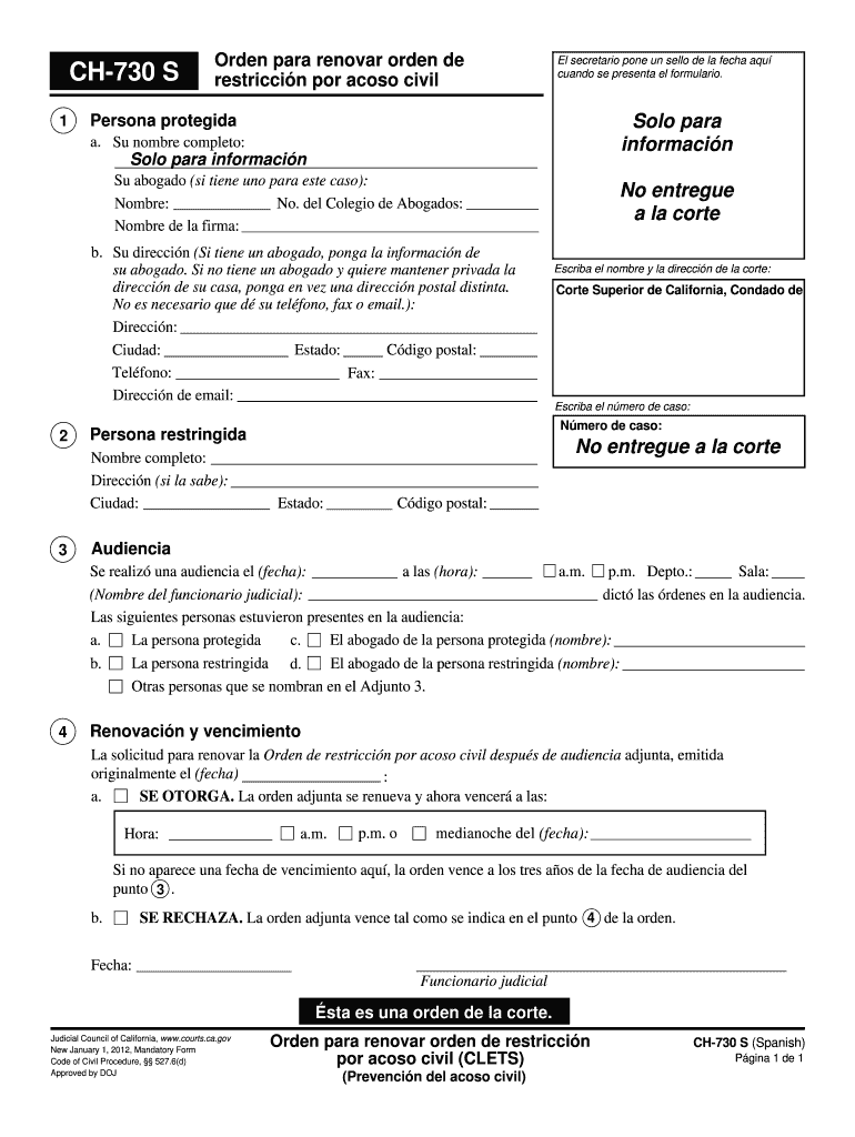 CH 730s Order Renewing Civil Harassment California Courts Courts Ca  Form