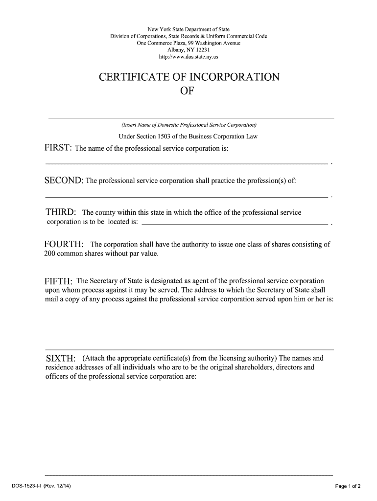  Nys Certificate of Incorporation in New York PDF 2014-2024