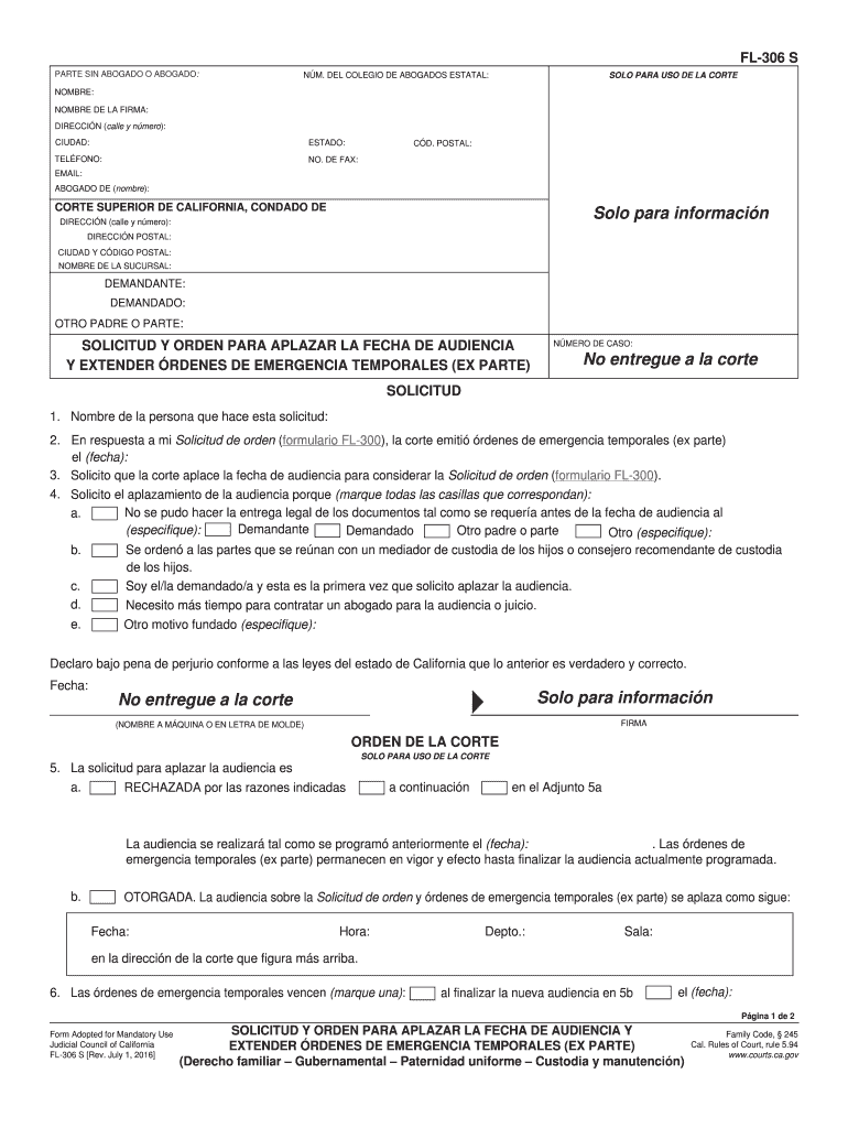  FL 306 S Request and Order to Continue    California Courts  Courts Ca 2016