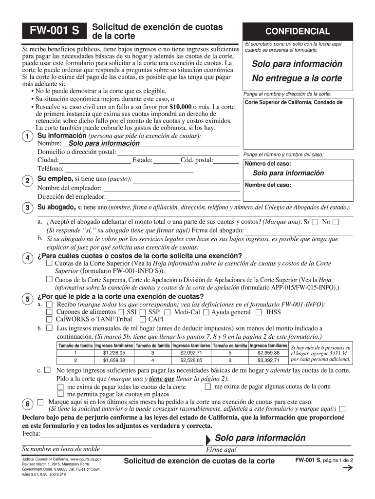  FW 001 Request to Waive Court Fees California Courts Courts Ca 2015