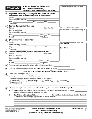  FW 012 Order on Court Fee Waiver After Reconsideration Hearing Superior Court Judicial Council Forms 2015