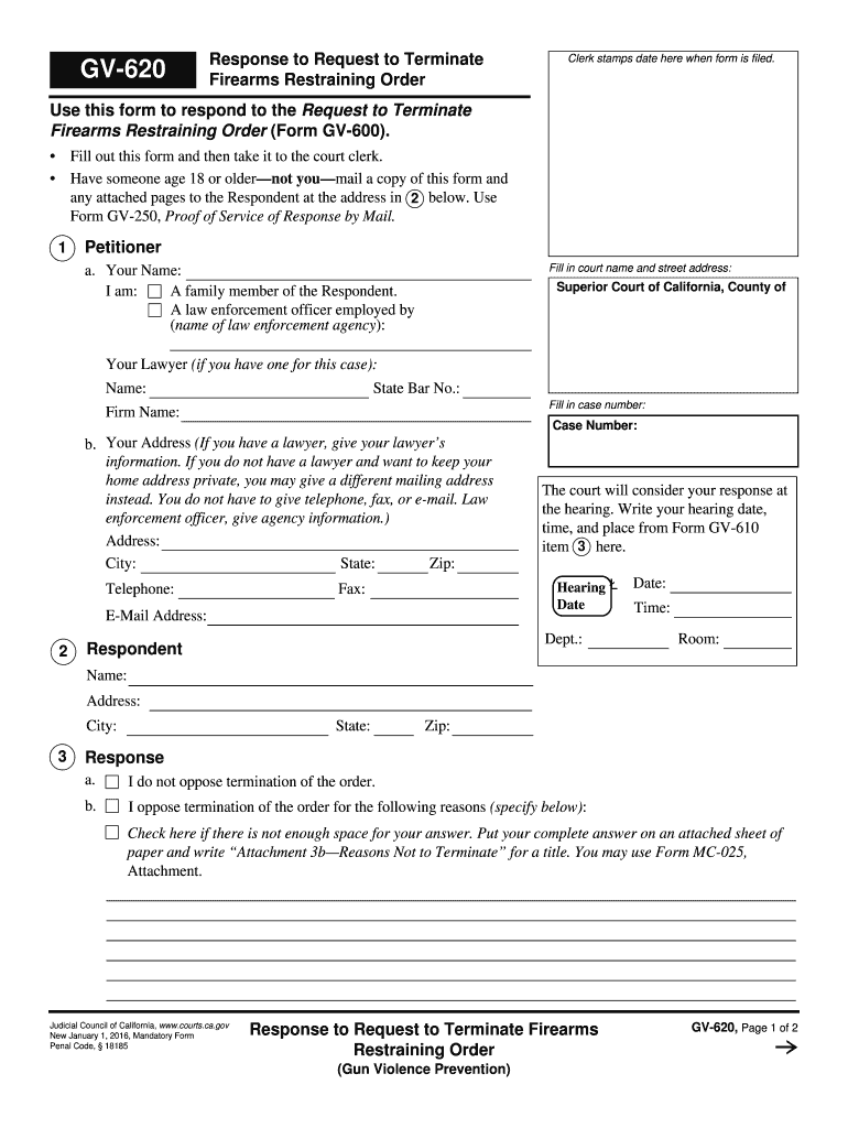  GV 620 Response to Request to Terminate Firearms Restraining Order Judicial Council Forms 2016