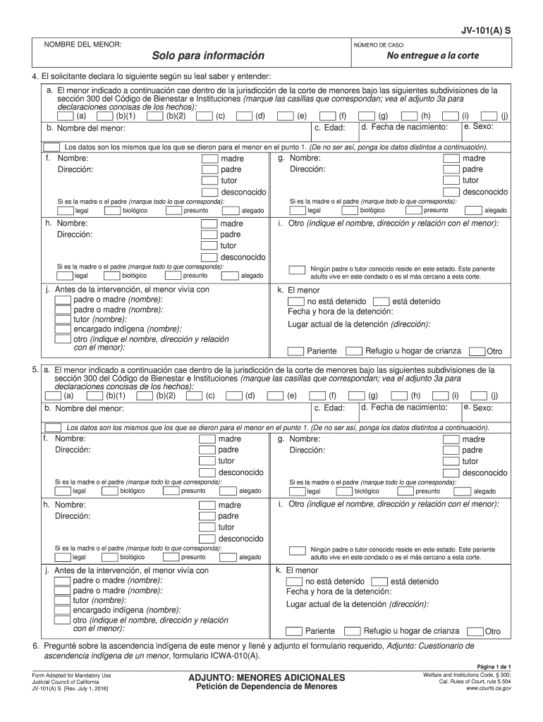 JV 101A S Additional Children Attachment Juvenile Dependency Petition Spanish Courts Ca  Form