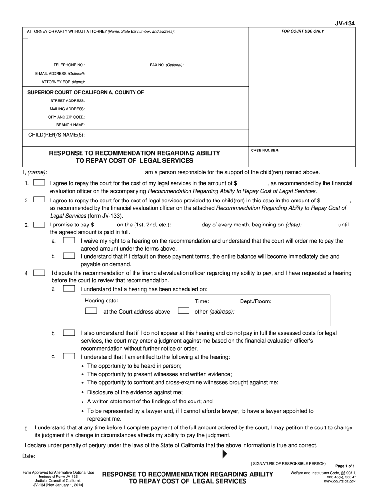 JV 134 RESPONSE to RECOMMENDATION California Courts Courts Ca  Form