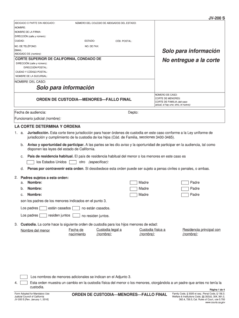 JV 200S Custody Order Juvenile Final California Courts Courts Ca  Form