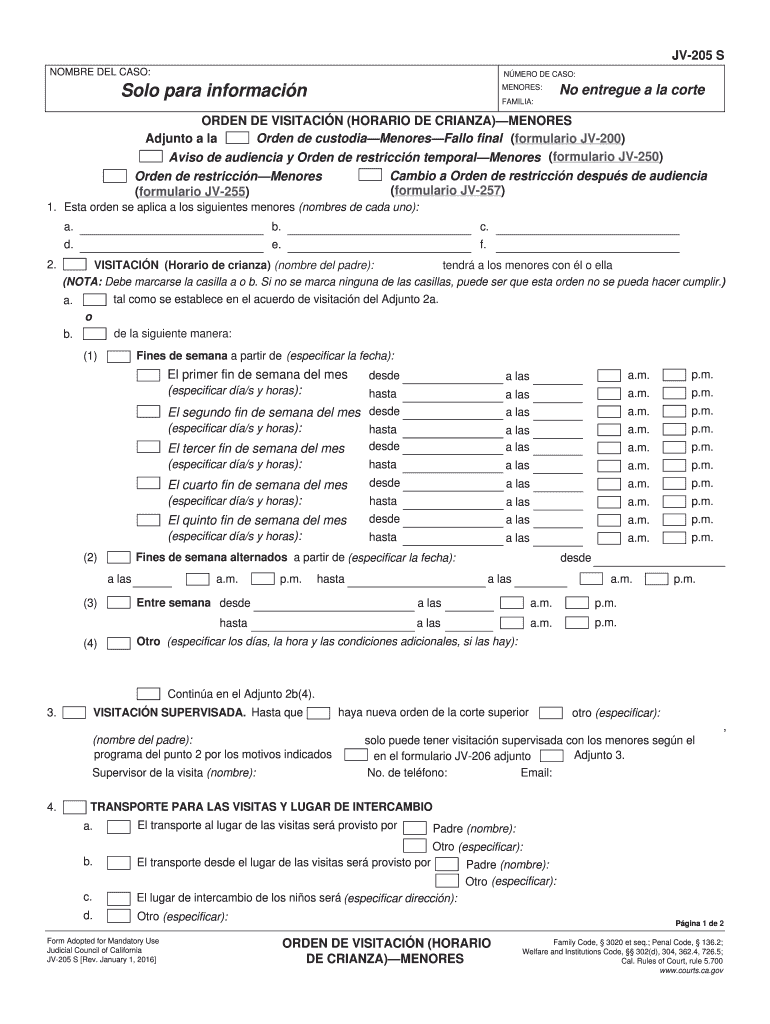 JV 205 S Visitation Order Juvenile Spanish California Courts Courts Ca  Form