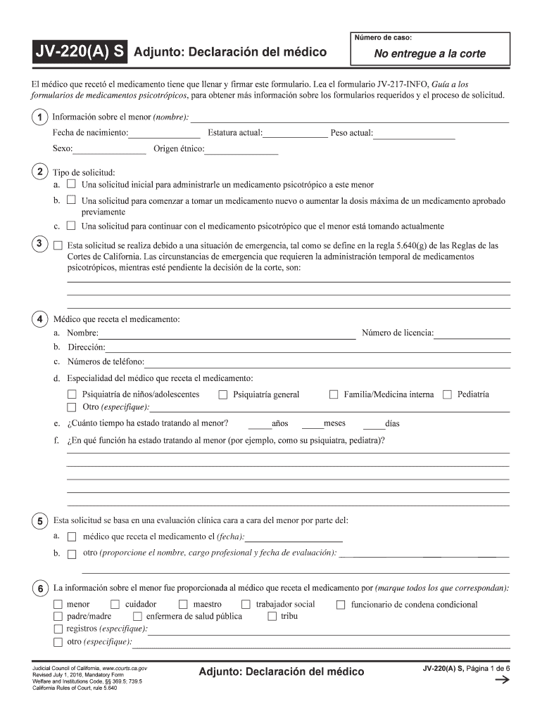 JV 220A S Physician&#39;s Statement Attachment California Courts Courts Ca  Form