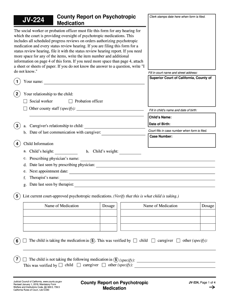  JV 224 County Report on Psychotropic Medication California Courts Courts Ca 2011