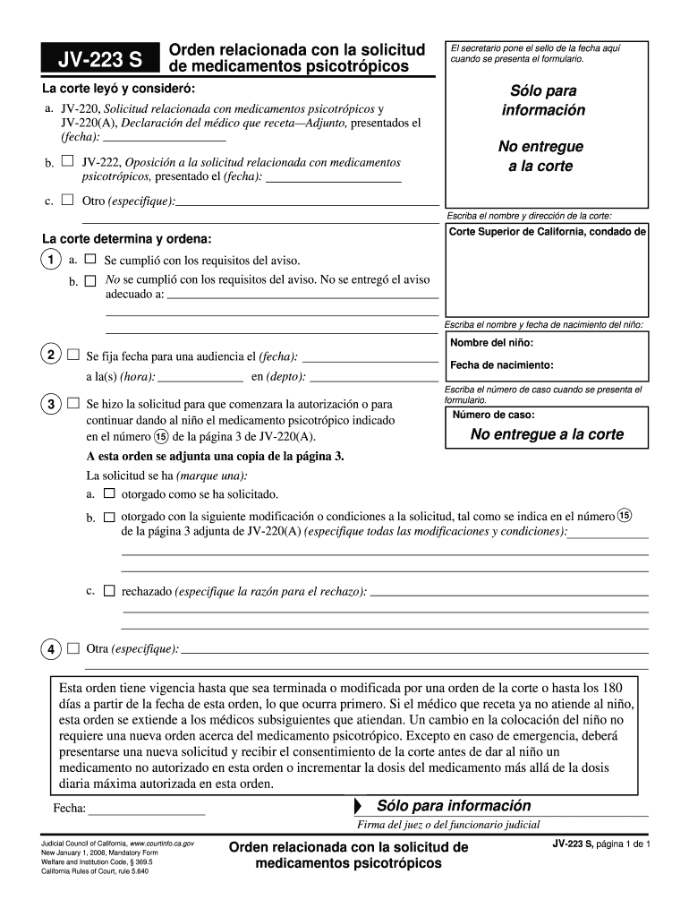  JV 223 S Order Regarding Application for    California Courts  Courts Ca 2008