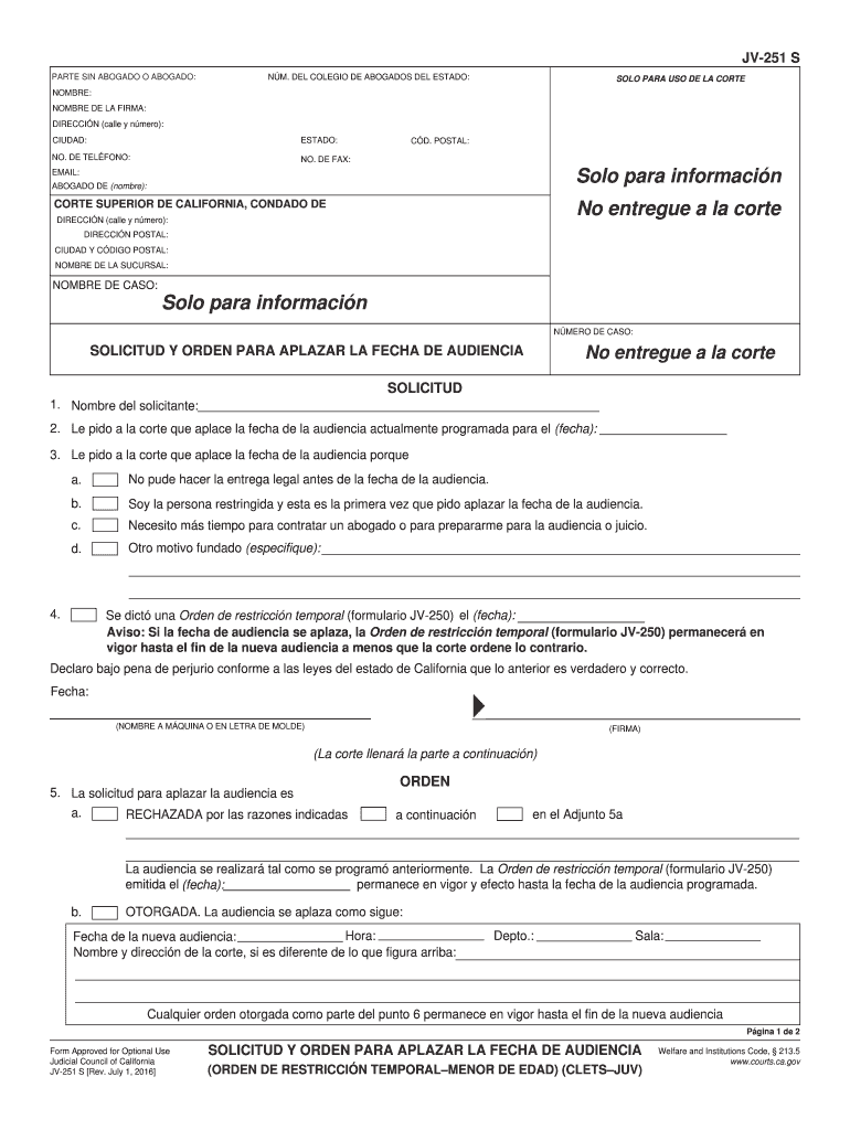 JV 251 S Request and Order to Continue California Courts Courts Ca  Form