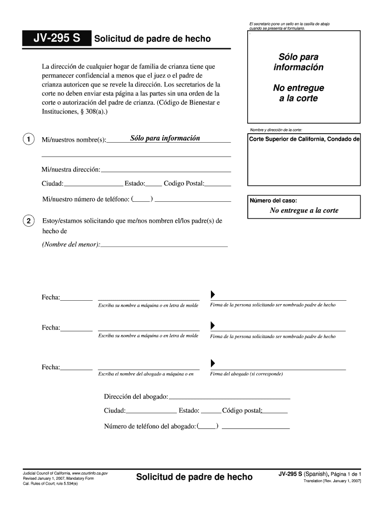 JV 295 S Solicitud De Padre De Hecho S Lo Para California Courts Courts Ca  Form