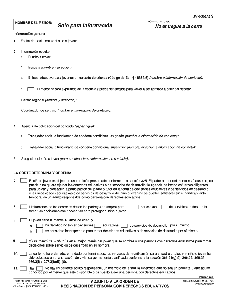 JV 535A S Attachment to Order Designating Educational Rights Holder Spanish Judicial Council Forms