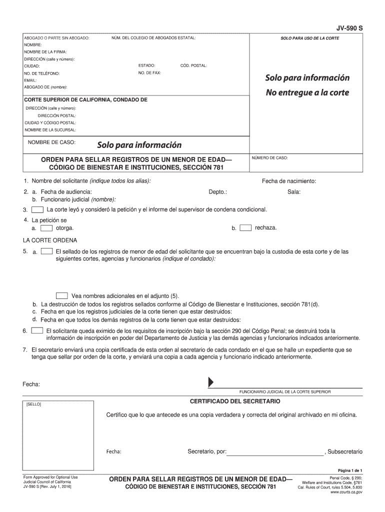  JV 590 S Order to Seal Juvenile RecordsWelfare and Institutions Code Section 781 Spanish Judicial Council Forms 2016