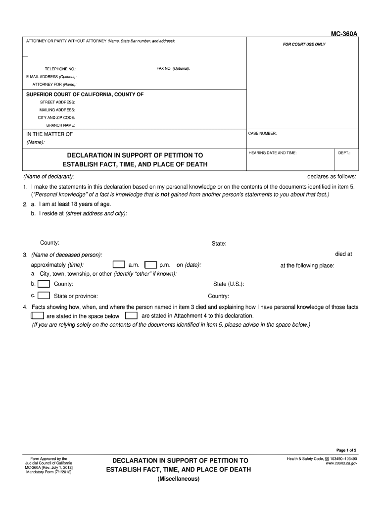  MC 360A Declaration in Support of Petition to California Courts Courts Ca 2012